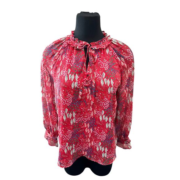LOFT | Petite Red Garden Floral Ruffle Neck Blouse Top | Small - Picture 3 of 7